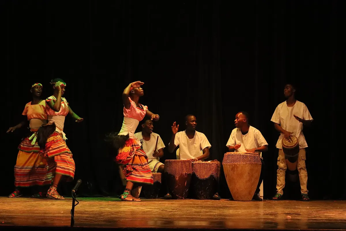 Dancers and drummers performing the Kiganda dance of Buganda